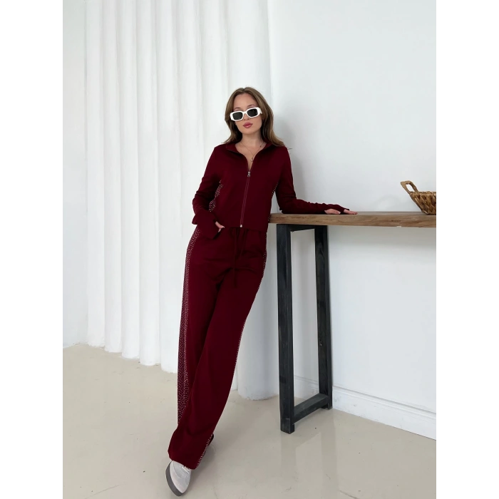 Fermuarlı Taş İşleme Detaylı Takım Bordo