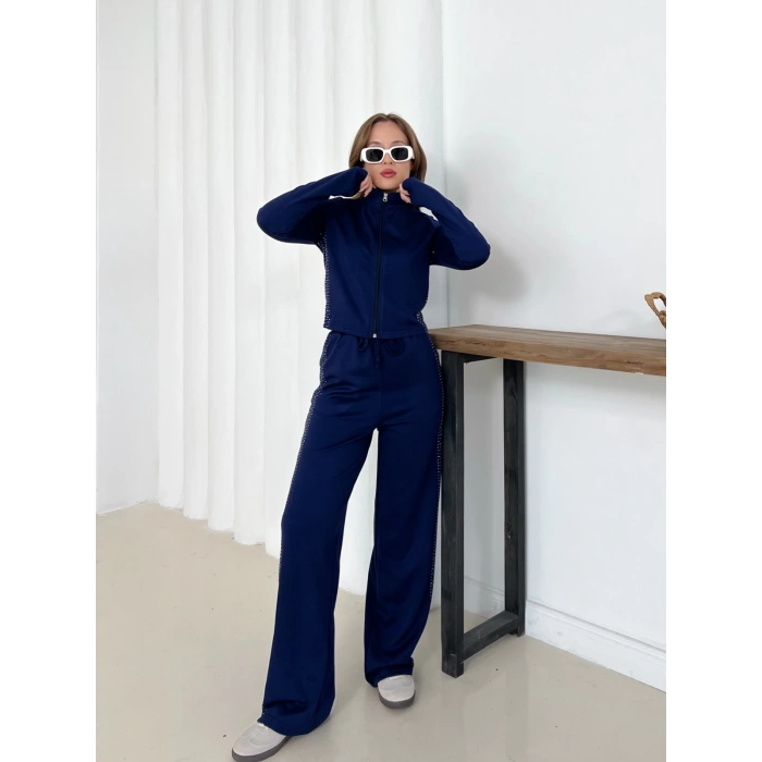 Fermuarlı Taş İşleme Detaylı Takım Lacivert