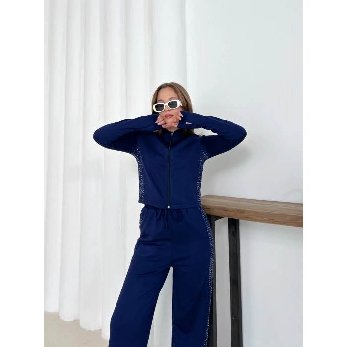 Fermuarlı Taş İşleme Detaylı Takım Lacivert