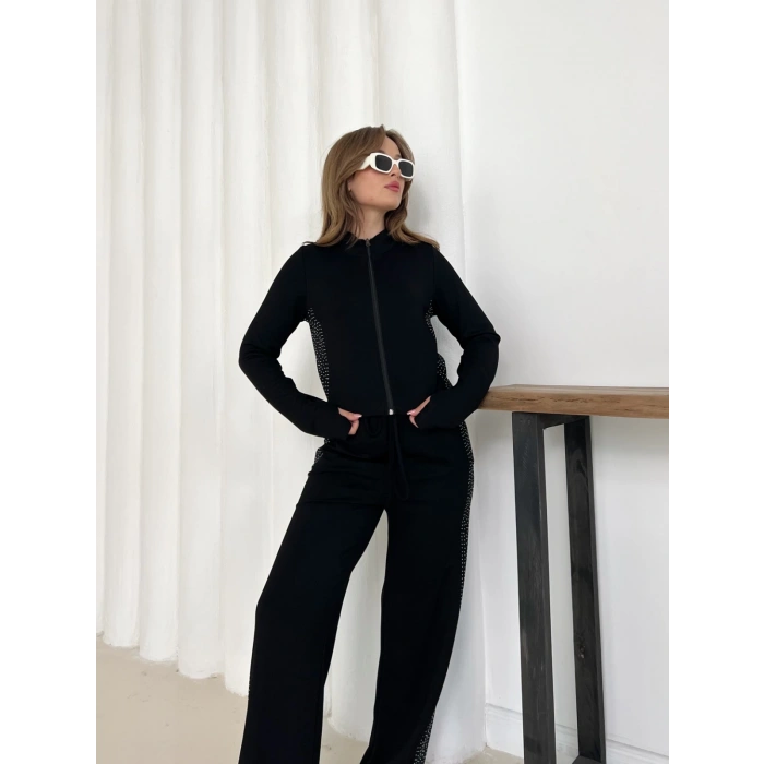 Fermuarlı Taş İşleme Detaylı Takım Siyah