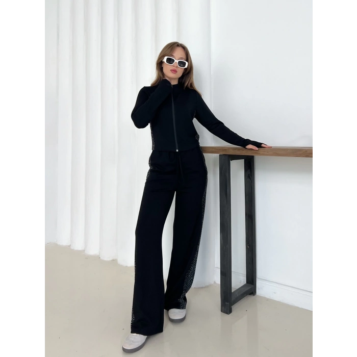 Fermuarlı Taş İşleme Detaylı Takım Siyah