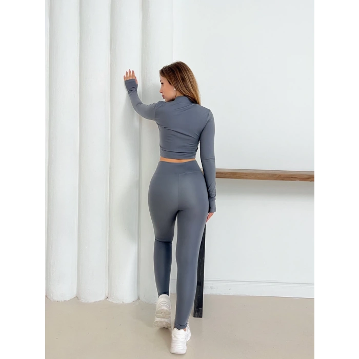 Fermuarlı Tayt Takım Gri