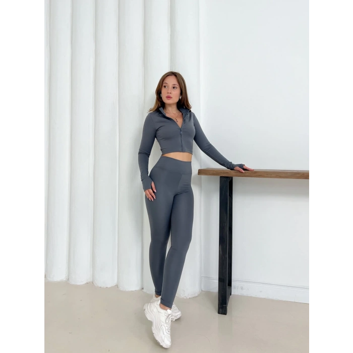 Fermuarlı Tayt Takım Gri