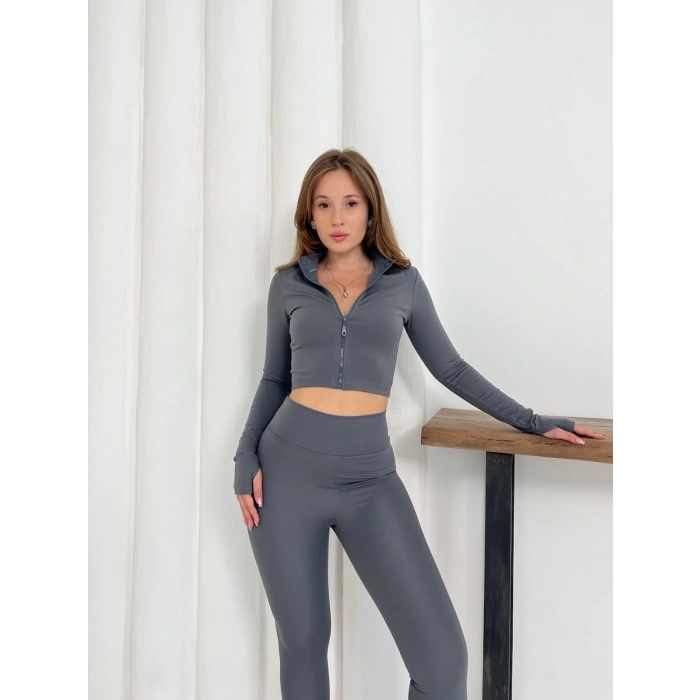 Fermuarlı Tayt Takım Gri