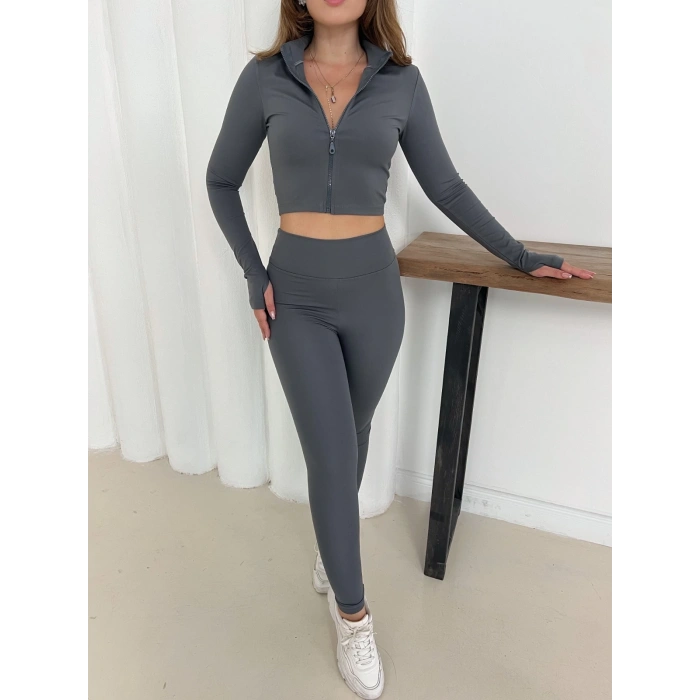 Fermuarlı Tayt Takım Gri