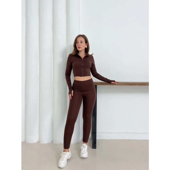 Fermuarlı Tayt Takım Kahverengi