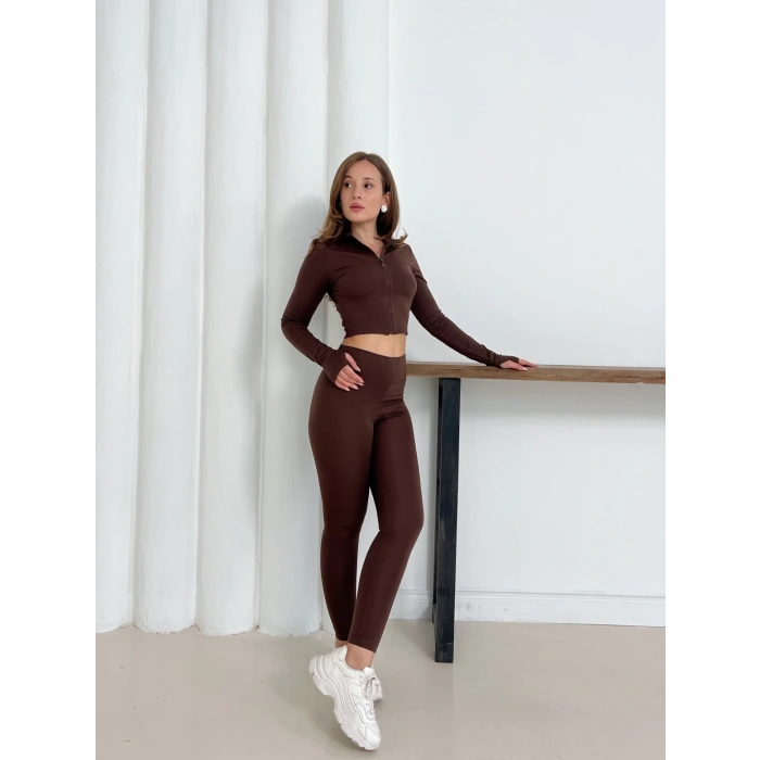 Fermuarlı Tayt Takım Kahverengi