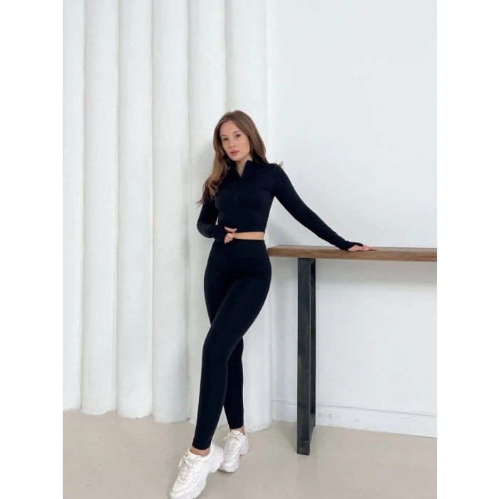 Fermuarlı Tayt Takım Siyah