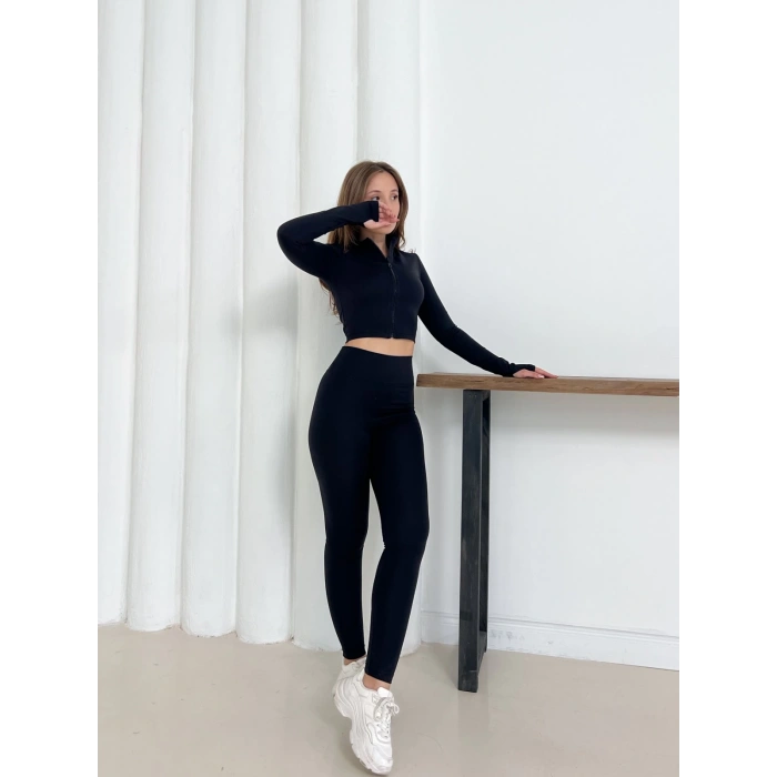 Fermuarlı Tayt Takım Siyah