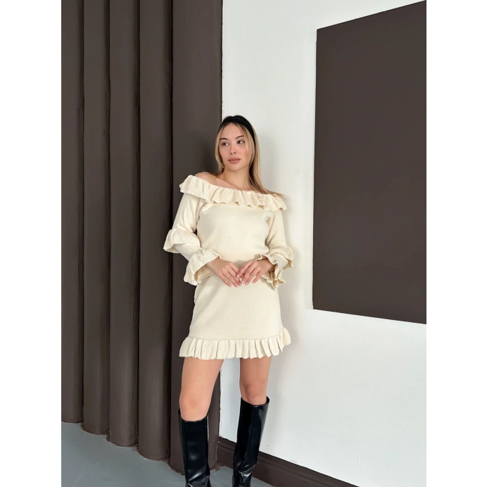 Fırfır Detay Triko İkili Takım Ekru