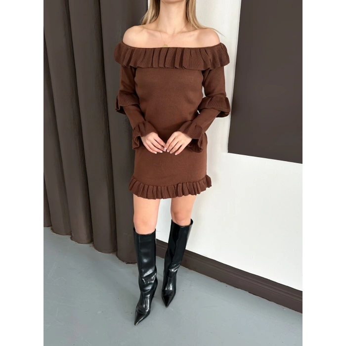 Fırfır Detay Triko İkili Takım Kahve