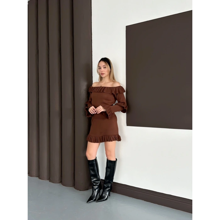 Fırfır Detay Triko İkili Takım Kahve