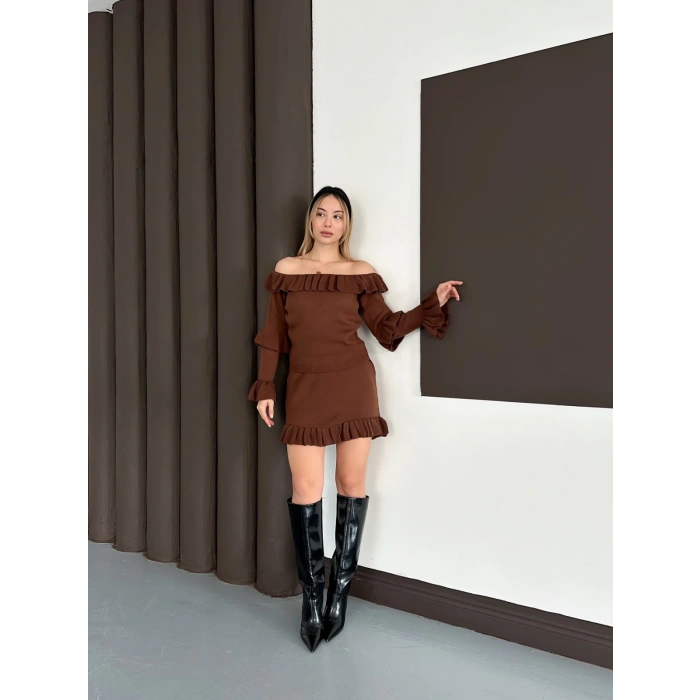 Fırfır Detay Triko İkili Takım Kahve