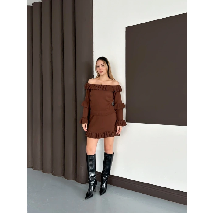 Fırfır Detay Triko İkili Takım Kahve