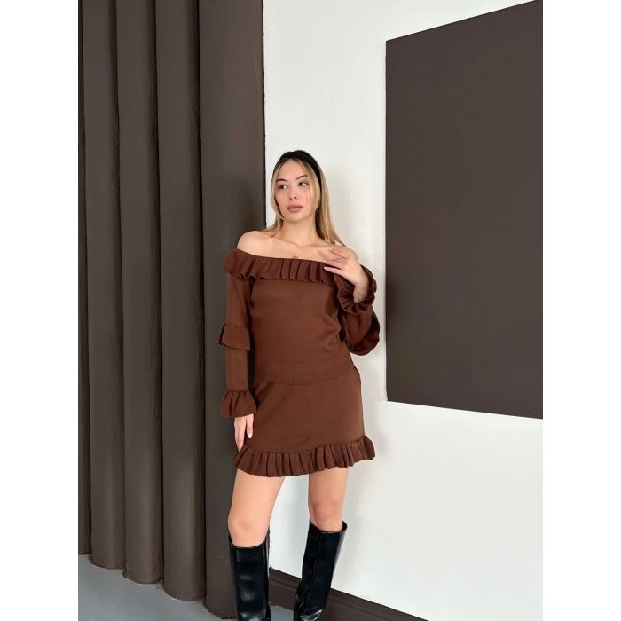 Fırfır Detay Triko İkili Takım Kahve