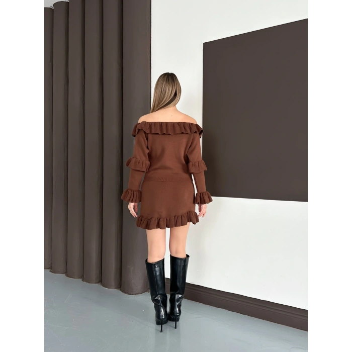 Fırfır Detay Triko İkili Takım Kahve