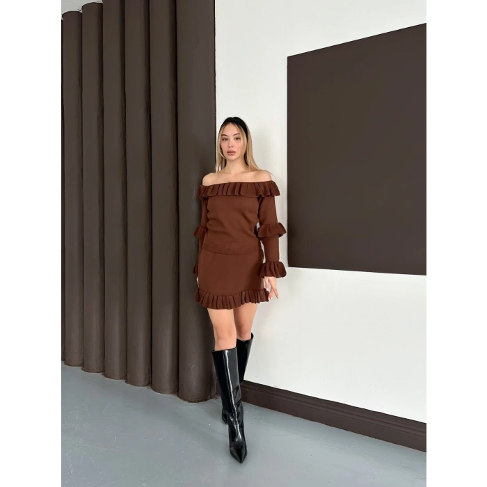 Fırfır Detay Triko İkili Takım Kahve