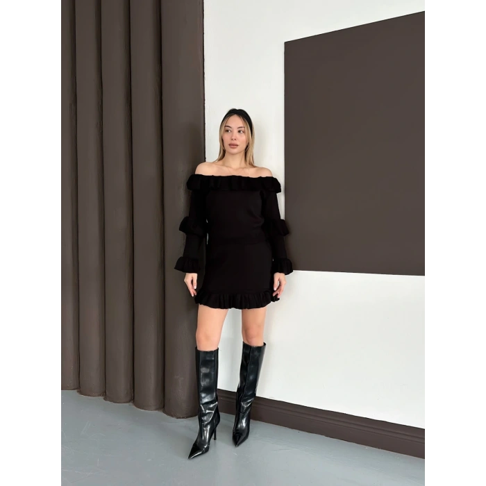 Fırfır Detay Triko İkili Takım Siyah