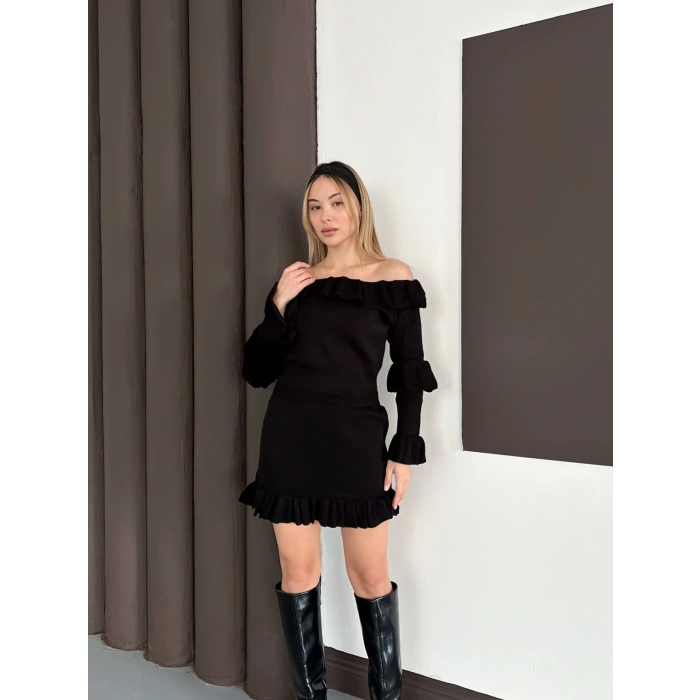 Fırfır Detay Triko İkili Takım Siyah