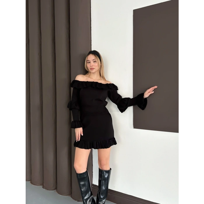 Fırfır Detay Triko İkili Takım Siyah