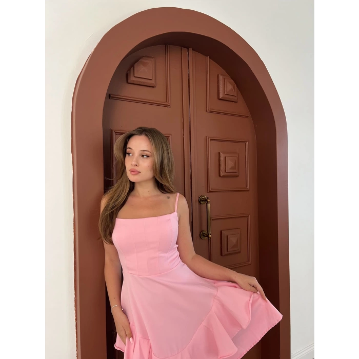 Fırfır Detaylı Askılı Elbise Pembe