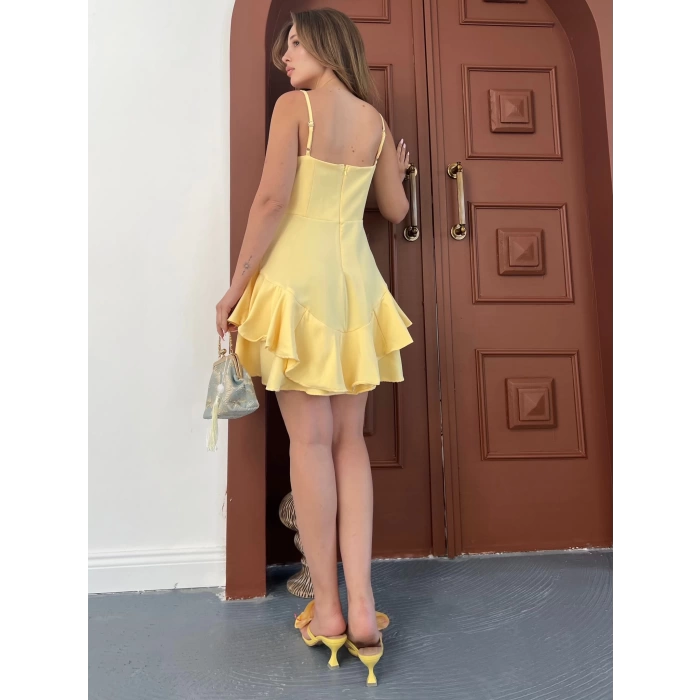 Fırfır Detaylı Askılı Elbise Sarı