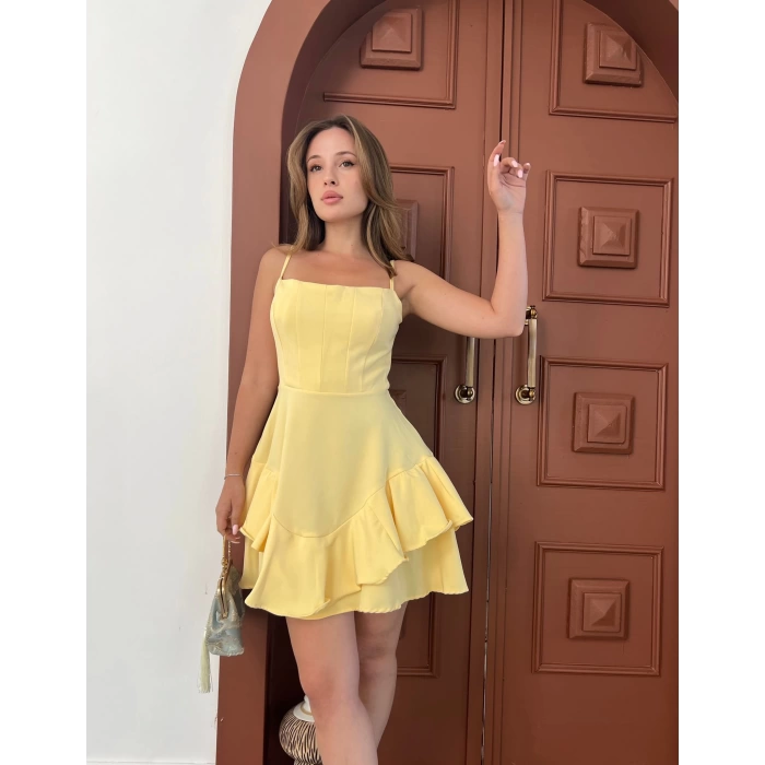Fırfır Detaylı Askılı Elbise Sarı