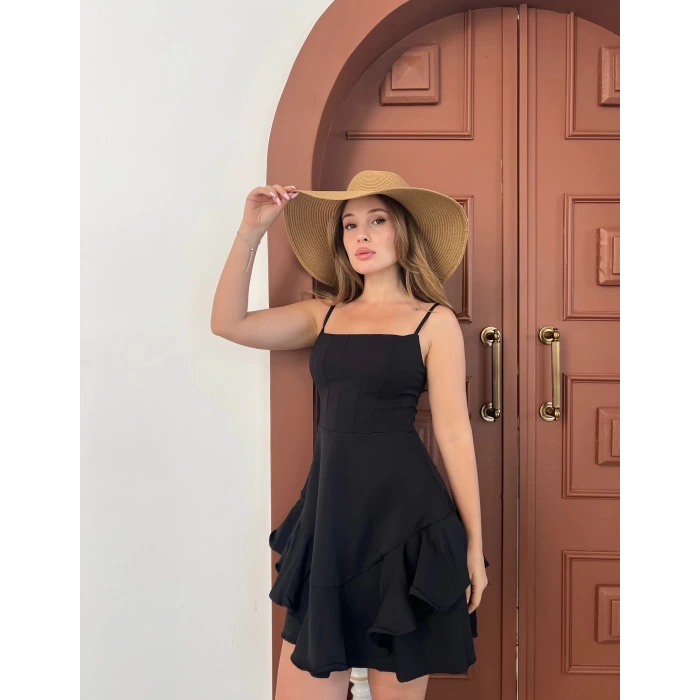 Fırfır Detaylı Askılı Elbise Siyah