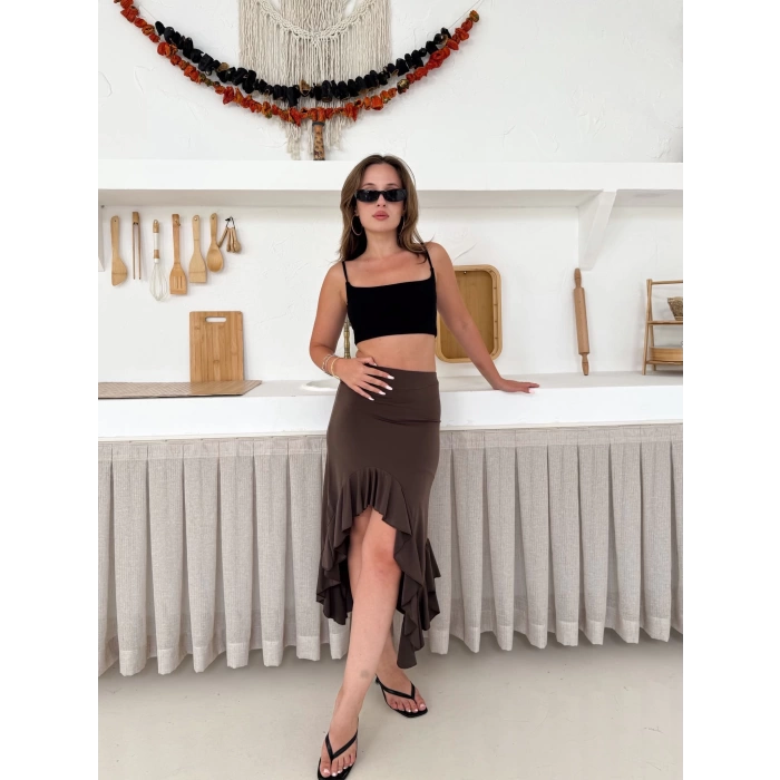 Fırfır Detaylı Sandy Etek Kahve
