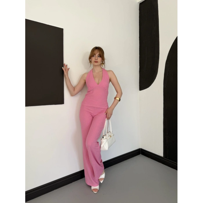 Fitilli Kumaş Sırt Dekolteli Takım Pembe