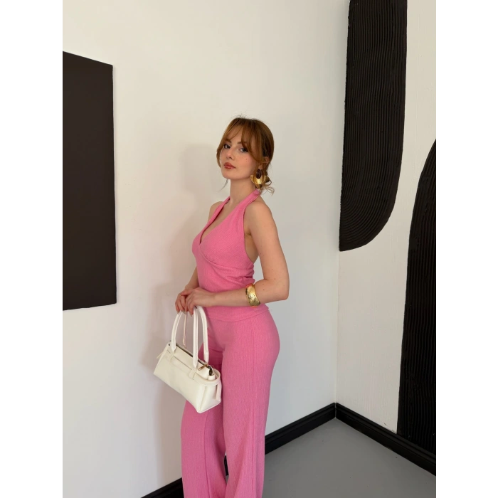 Fitilli Kumaş Sırt Dekolteli Takım Pembe