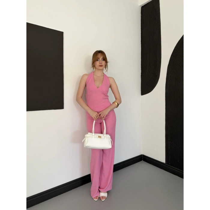 Fitilli Kumaş Sırt Dekolteli Takım Pembe