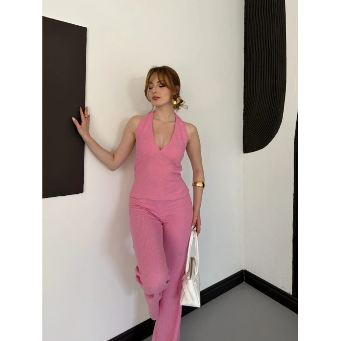 Fitilli Kumaş Sırt Dekolteli Takım Pembe