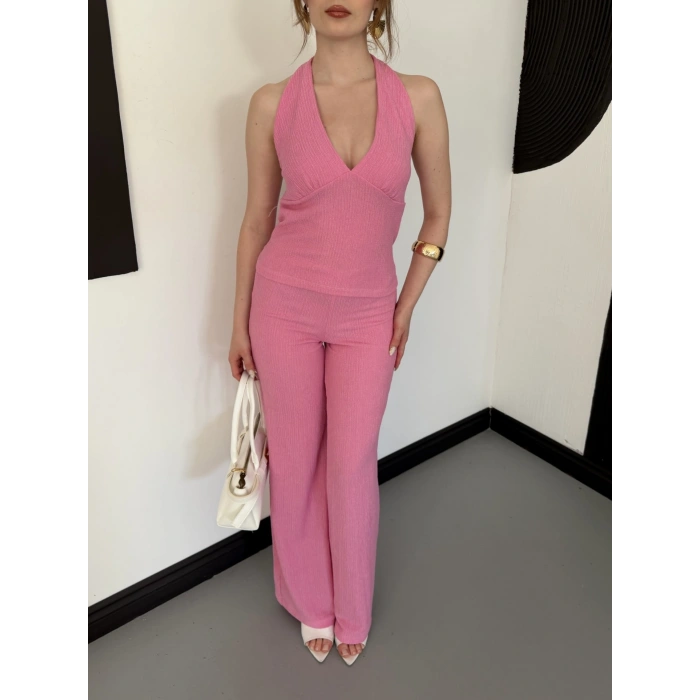 Fitilli Kumaş Sırt Dekolteli Takım Pembe