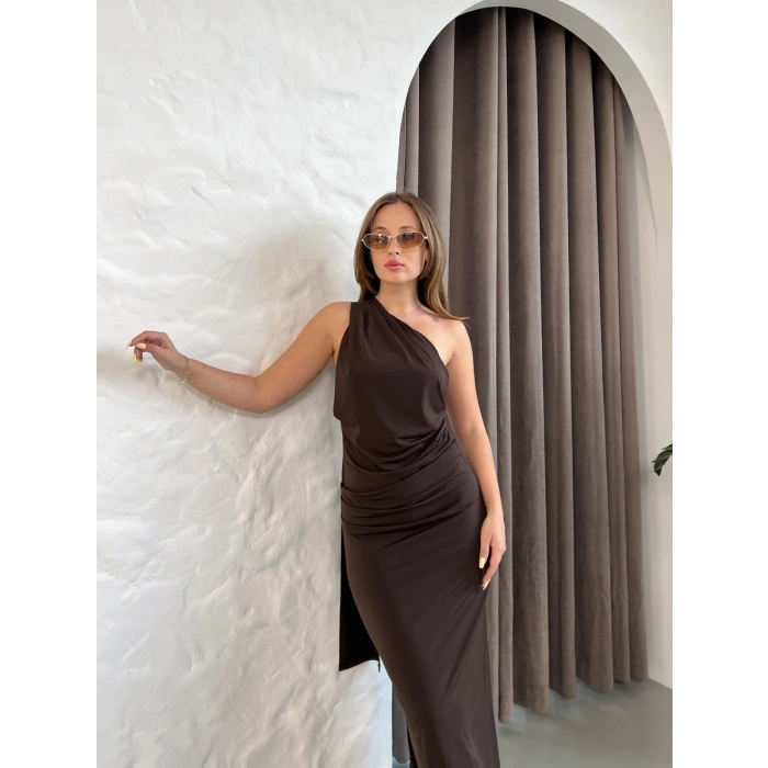 Flarlı Drapeli Sandy Elbise Kahve