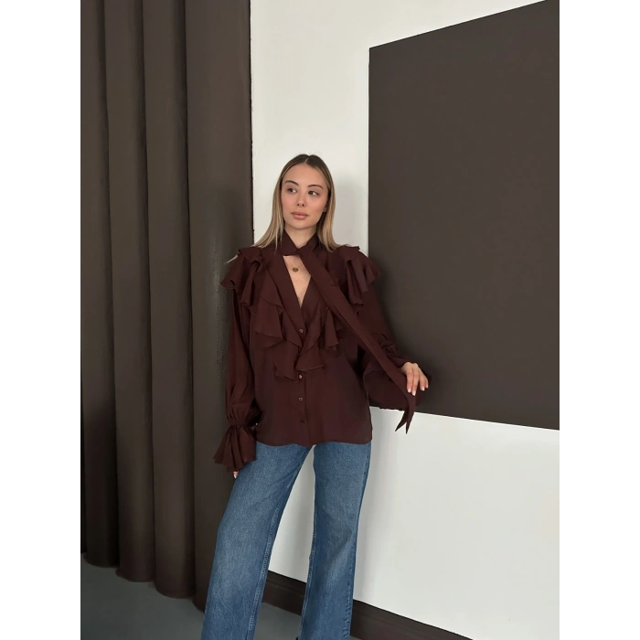 Fular Detaylı Fırfırlı Tasarım Gömlek Acı Kahve