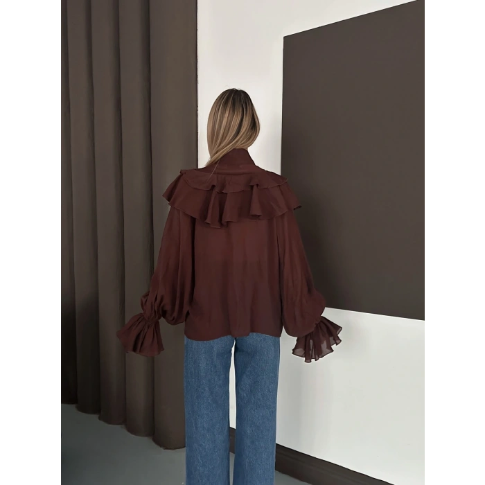 Fular Detaylı Fırfırlı Tasarım Gömlek Acı Kahve