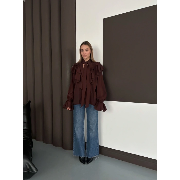 Fular Detaylı Fırfırlı Tasarım Gömlek Acı Kahve
