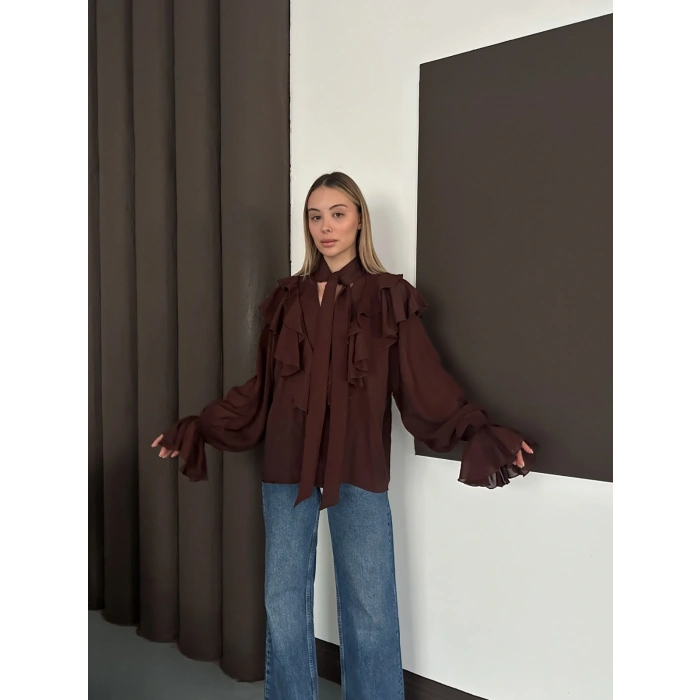 Fular Detaylı Fırfırlı Tasarım Gömlek Acı Kahve