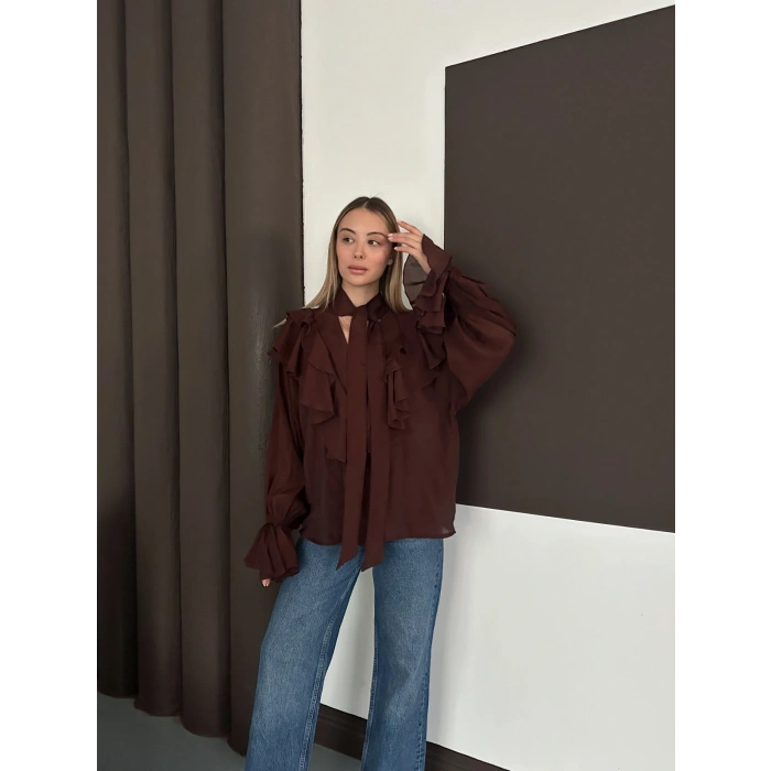 Fular Detaylı Fırfırlı Tasarım Gömlek Acı Kahve