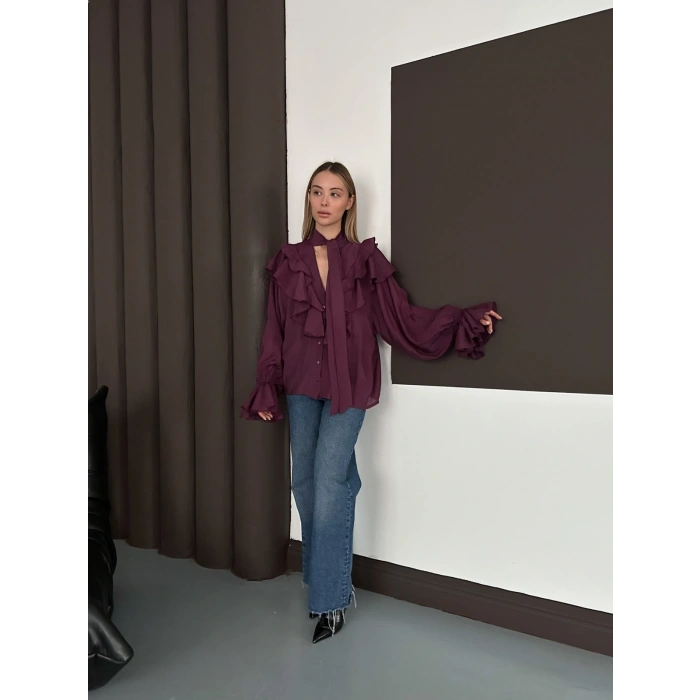 Fular Detaylı Fırfırlı Tasarım Gömlek Mürdüm