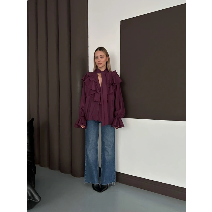 Fular Detaylı Fırfırlı Tasarım Gömlek Mürdüm