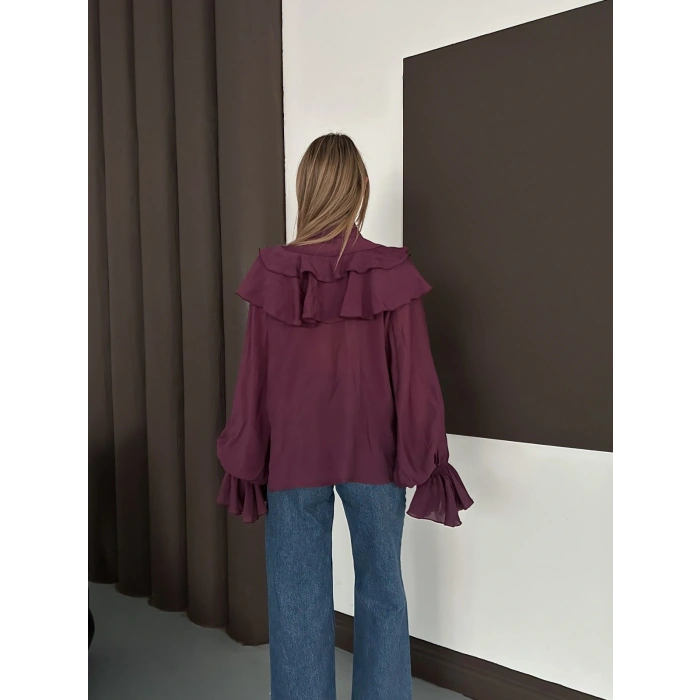 Fular Detaylı Fırfırlı Tasarım Gömlek Mürdüm