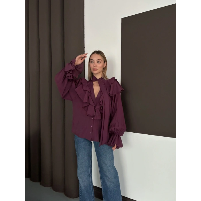 Fular Detaylı Fırfırlı Tasarım Gömlek Mürdüm