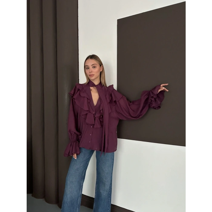 Fular Detaylı Fırfırlı Tasarım Gömlek Mürdüm