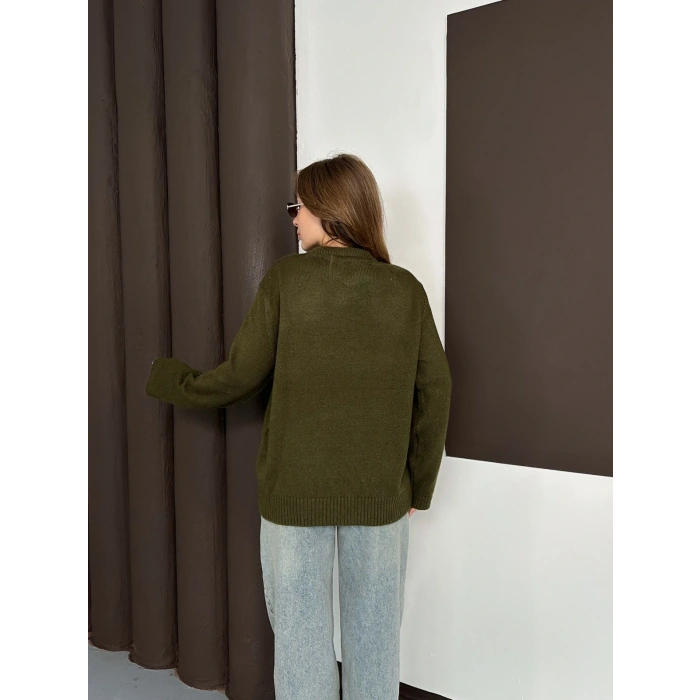 Fular Detaylı Triko Kazak Yeşil