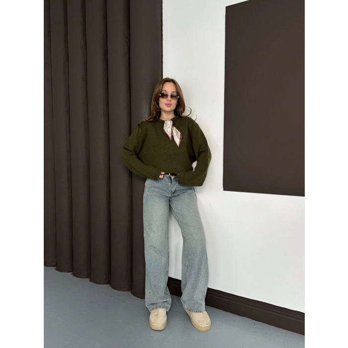 Fular Detaylı Triko Kazak Yeşil