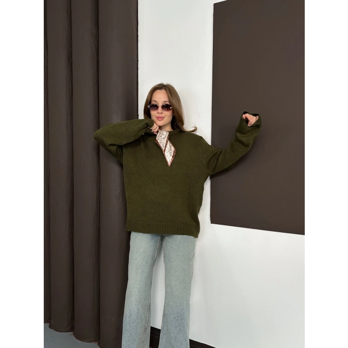 Fular Detaylı Triko Kazak Yeşil