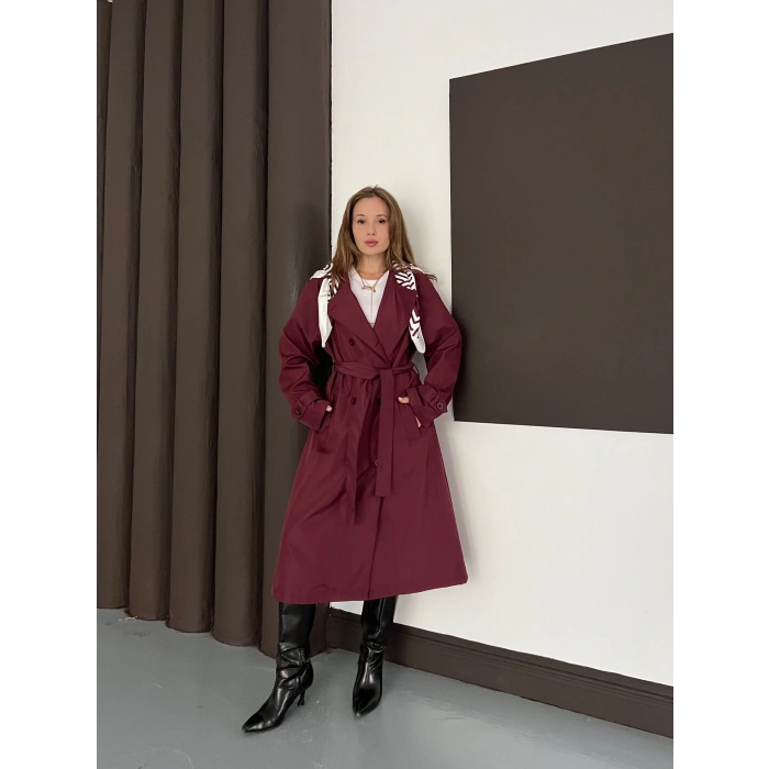 Fular Detaylı Uzun Trençkot Bordo