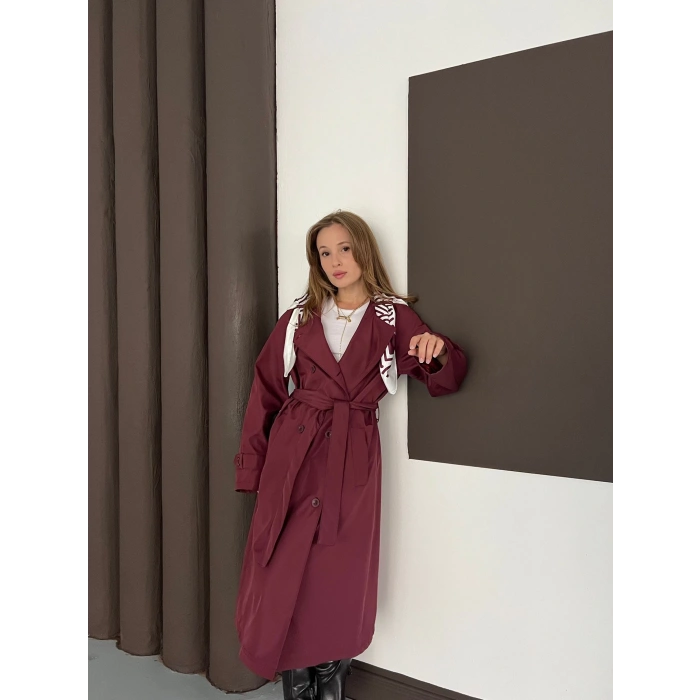 Fular Detaylı Uzun Trençkot Bordo